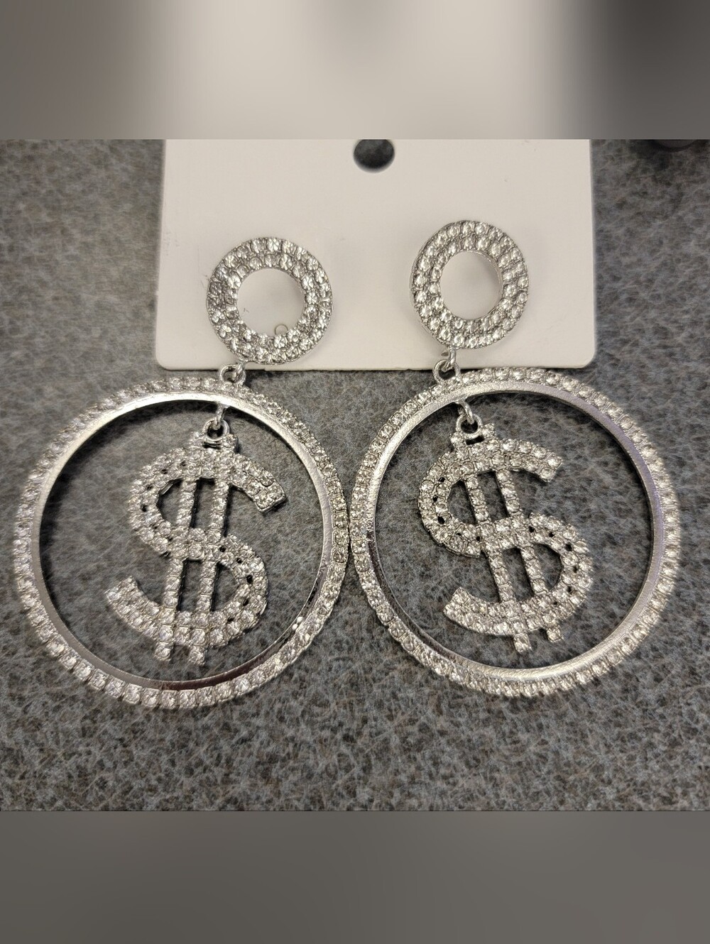 Fashion Jewelry Silver Crystal Dollar Sign Hoop Drop Earrings